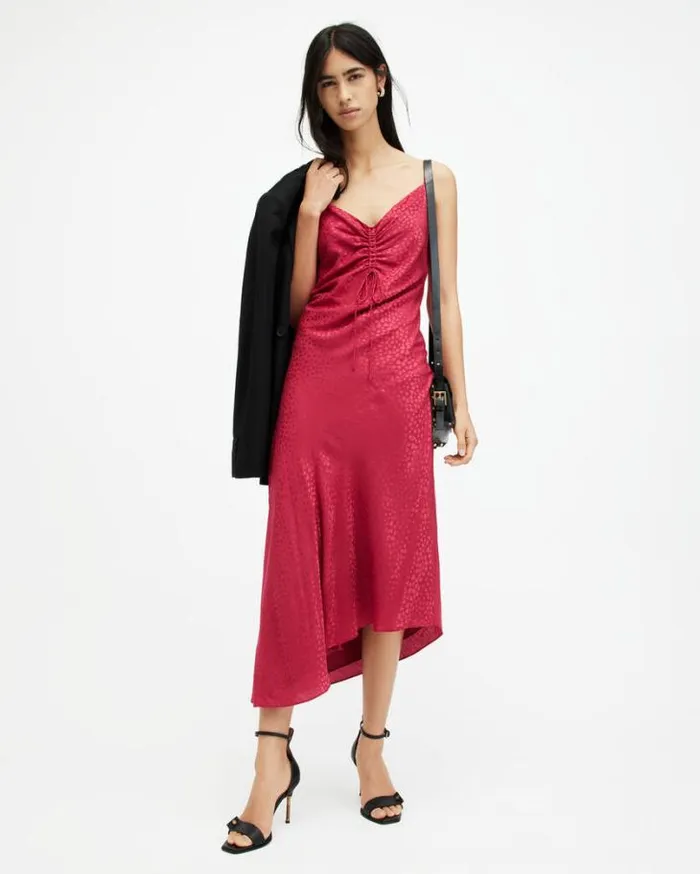 Alexia Jacquard VNeck Midi Slip Dress Berry Pink Women AllSaints Dresses