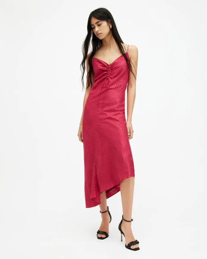 Alexia Jacquard VNeck Midi Slip Dress Berry Pink Women AllSaints Dresses
