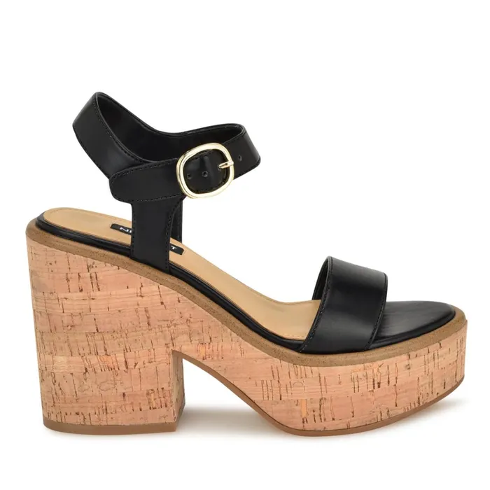 Amye Ankle Strap Wedge Sandals Black Women Nine West High Heels