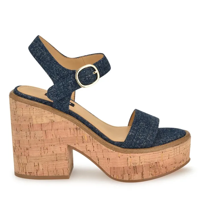 Amye Ankle Strap Wedge Sandals Denim Women Nine West Wedges