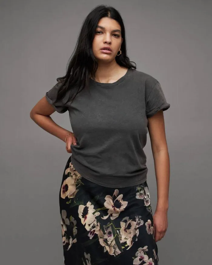 Anna Crew Neck Short Sleeve TShirt Acid Washed Black Women AllSaints Tops and Shirts