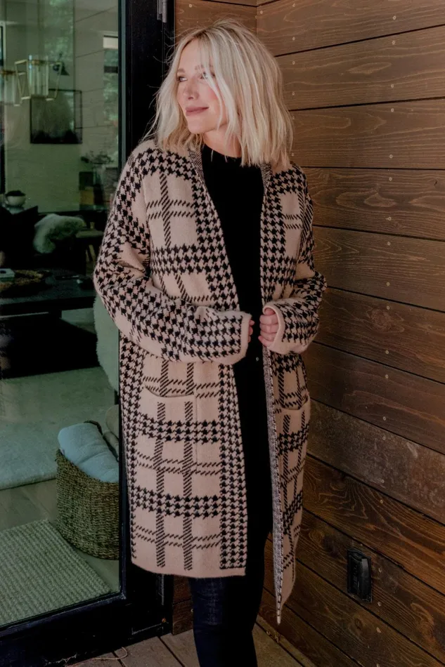 Arvo Houndstooth Long Cardigan Taupe Black Women Baltic Born Cardigans