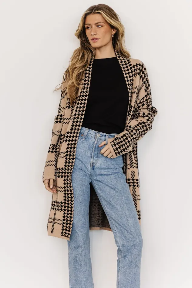Arvo Houndstooth Long Cardigan Taupe Black Women Baltic Born Cardigans Arvo Houndstooth Long Cardigan Taupe Black Women Baltic Born Cardigans