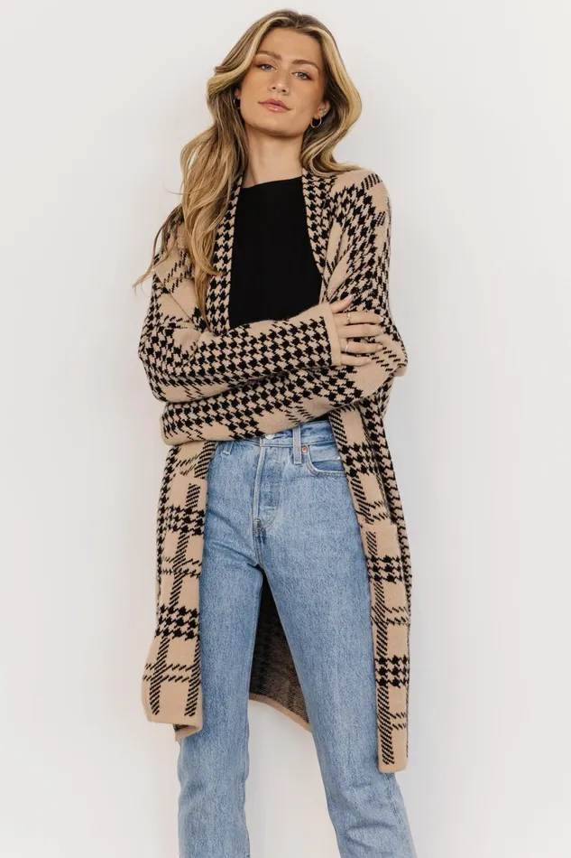 Arvo Houndstooth Long Cardigan Taupe Black Women Baltic Born Cardigans Arvo Houndstooth Long Cardigan Taupe Black Women Baltic Born Cardigans