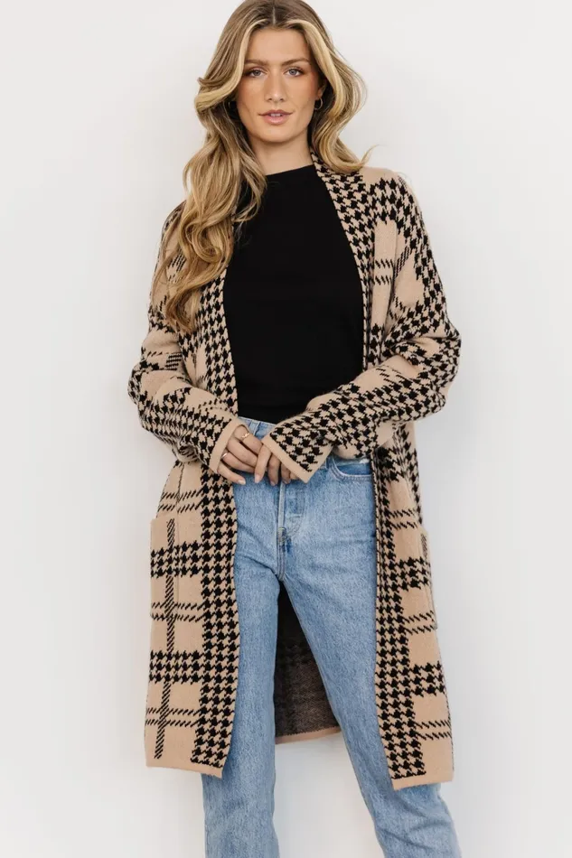 Arvo Houndstooth Long Cardigan Taupe Black Women Baltic Born Cardigans Arvo Houndstooth Long Cardigan Taupe Black Women Baltic Born Cardigans
