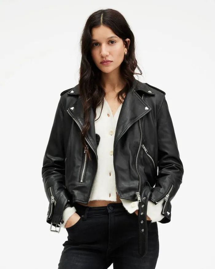 Balfern Heart Stud Leather Biker Jacket Black Women AllSaints Leather Jackets