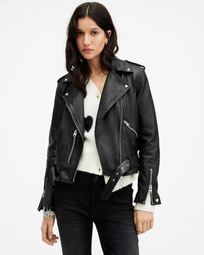 Balfern Heart Stud Leather Biker Jacket Black Women AllSaints Leather Jackets Balfern Heart Stud Leather Biker Jacket Black Women AllSaints Leather Jackets