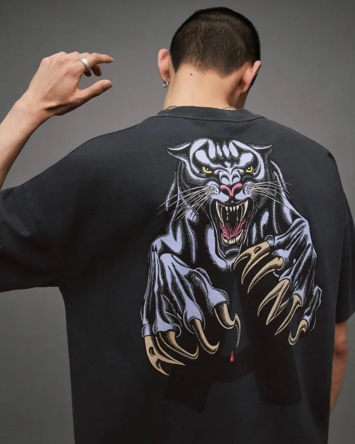 Beast Oversized Panther Crew TShirt Washed Black Men AllSaints TShirts