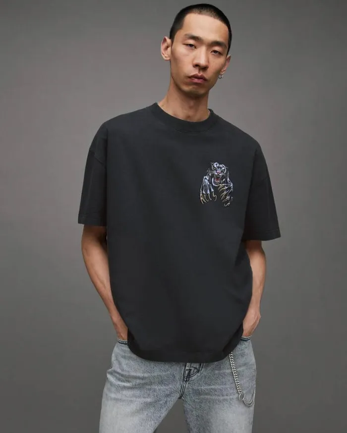 Beast Oversized Panther Crew TShirt Washed Black Men AllSaints TShirts