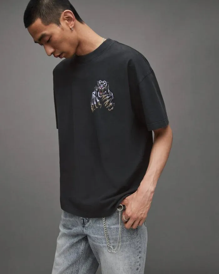 Beast Oversized Panther Crew TShirt Washed Black Men AllSaints TShirts