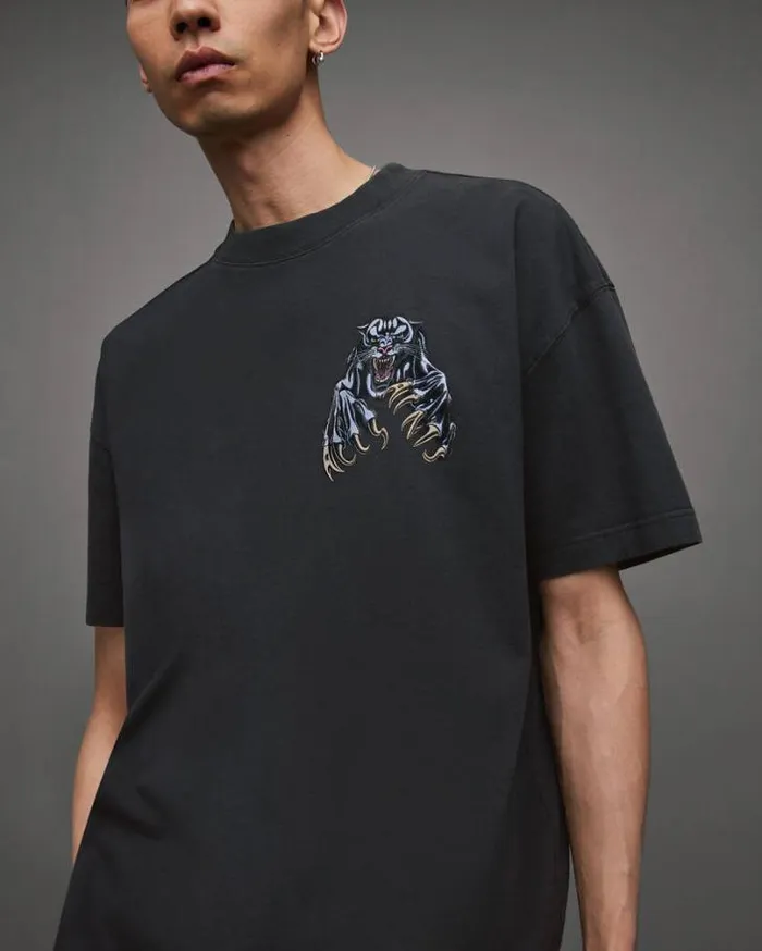 Beast Oversized Panther Crew TShirt Washed Black Men AllSaints TShirts