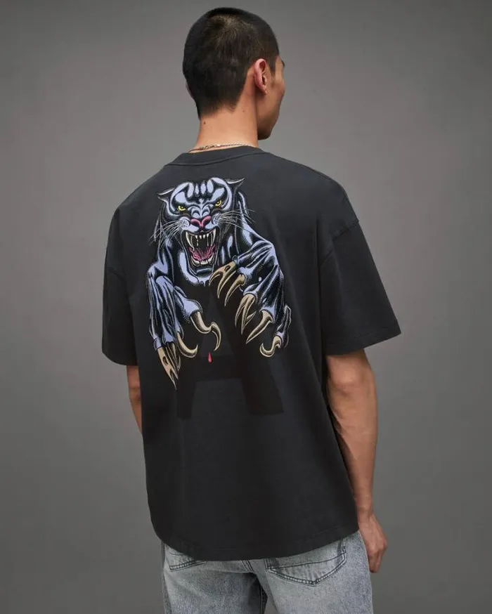 Beast Oversized Panther Crew TShirt Washed Black Men AllSaints TShirts