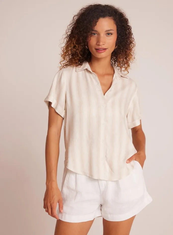 Bella Dahl Cuffed Short Sleeve Shirt 8211 Playa Sand Stripe Women Short Sleeve