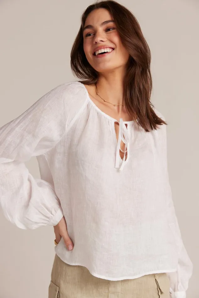 Bella Dahl Shirred Linen Raglan Blouse 8211 White Women Long Sleeve