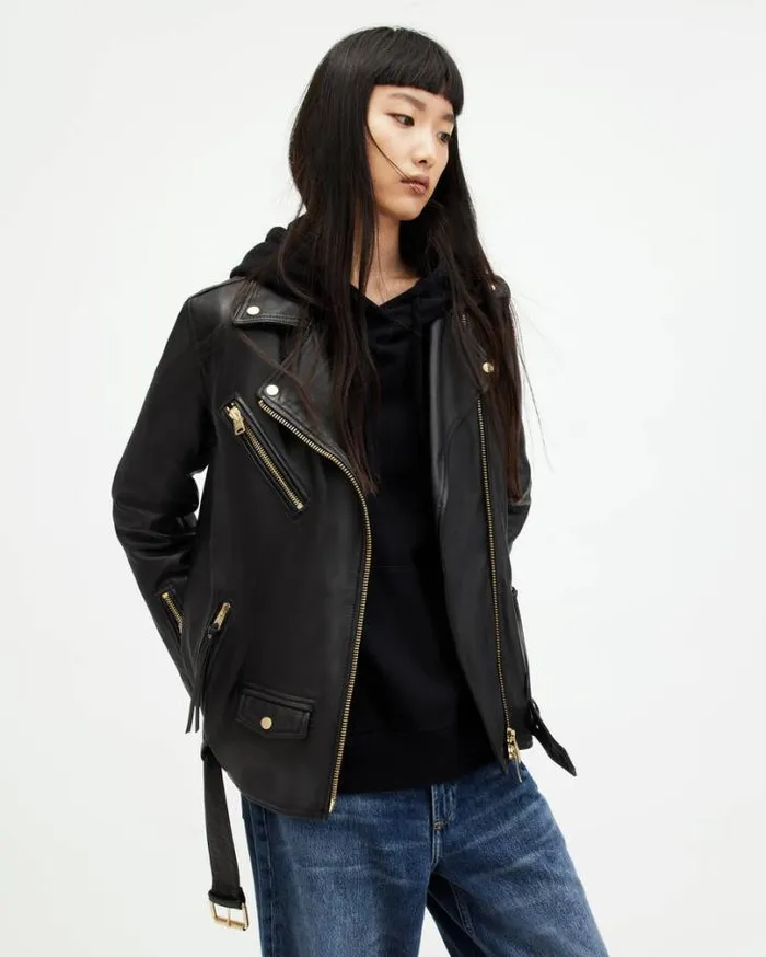 Biller Leather Oversized Biker Jacket Blackgold Women AllSaints Leather Jackets