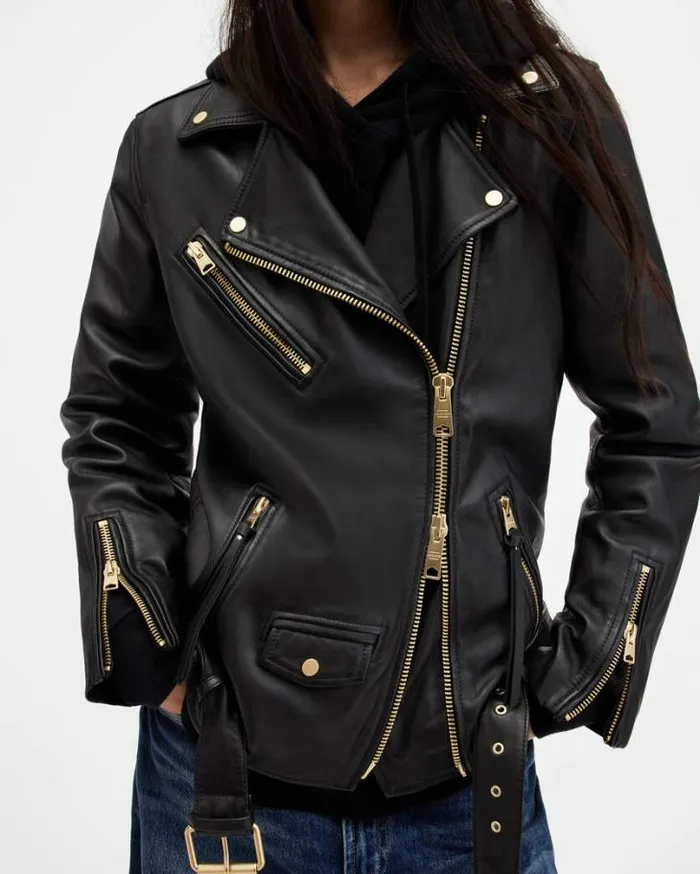 Biller Leather Oversized Biker Jacket Blackgold Women AllSaints Leather Jackets Biller Leather Oversized Biker Jacket Blackgold Women AllSaints Leather Jackets