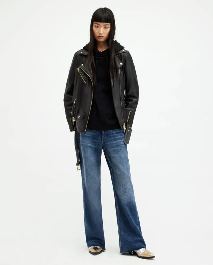 Biller Leather Oversized Biker Jacket Blackgold Women AllSaints Leather Jackets Biller Leather Oversized Biker Jacket Blackgold Women AllSaints Leather Jackets