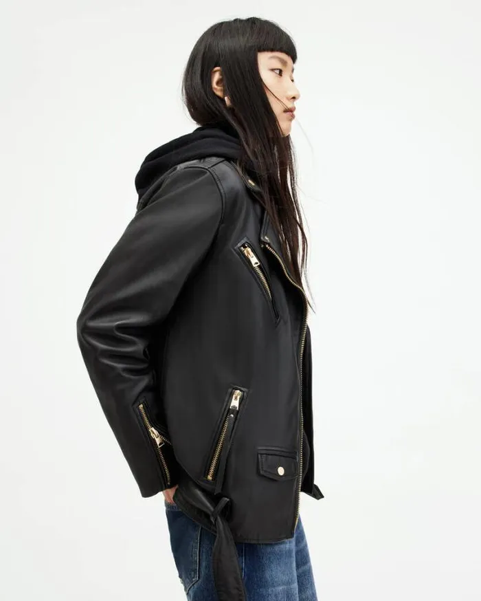 Biller Leather Oversized Biker Jacket Blackgold Women AllSaints Leather Jackets Biller Leather Oversized Biker Jacket Blackgold Women AllSaints Leather Jackets