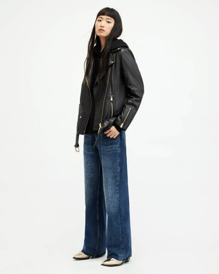 Biller Leather Oversized Biker Jacket Blackgold Women AllSaints Leather Jackets Biller Leather Oversized Biker Jacket Blackgold Women AllSaints Leather Jackets