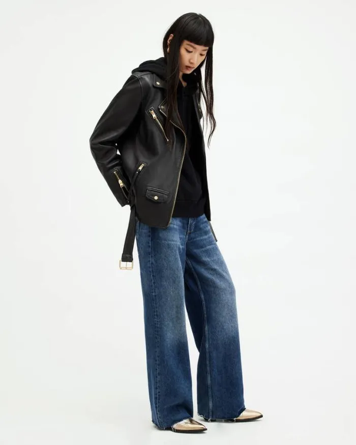 Biller Leather Oversized Biker Jacket Blackgold Women AllSaints Leather Jackets Biller Leather Oversized Biker Jacket Blackgold Women AllSaints Leather Jackets