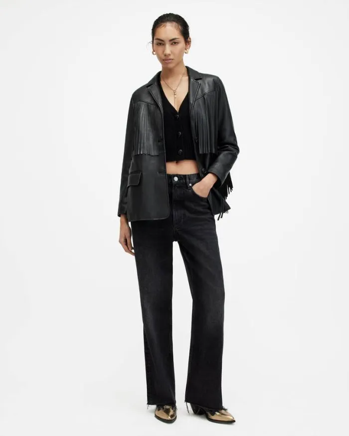 Blake Low Slung Wide Leg Denim Jeans Washed Black Women AllSaints Pants and Leggings