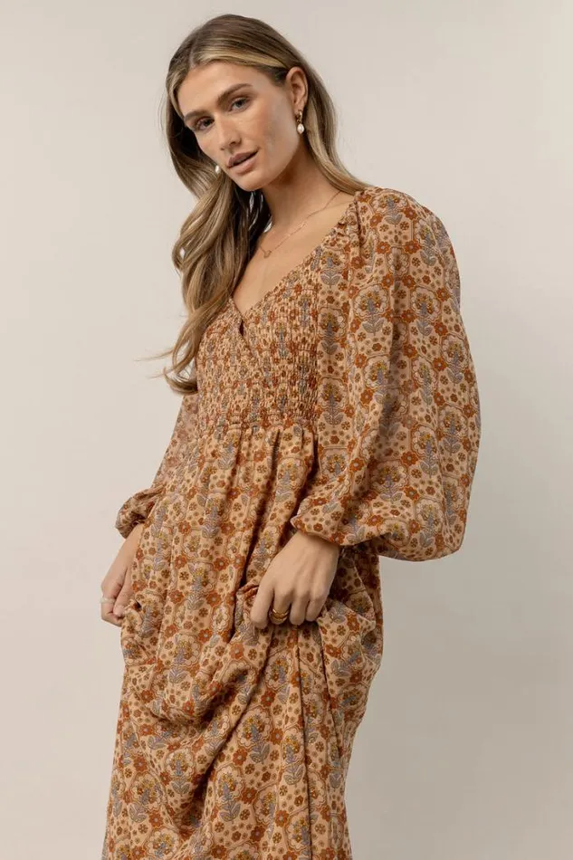 Bohme Dresses Averie Floral Midi Dress In Camel Camel 8211 Women Bohme Dresses Averie Floral Midi Dress In Camel Camel 8211 Women