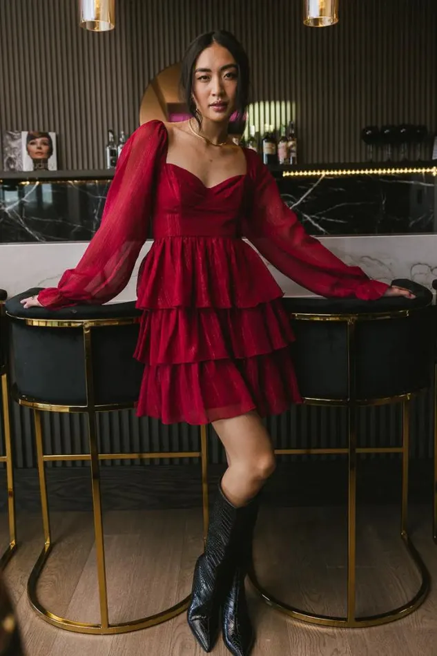 Bohme Dresses Kristina Tiered Shimmer Dress Burgundy 8211 Women