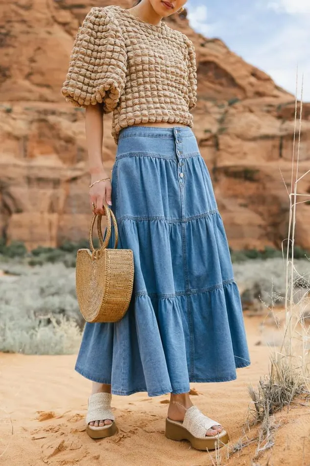 Bohme Skirts Joannie Tiered Denim Skirt Medium Wash 8211 Women
