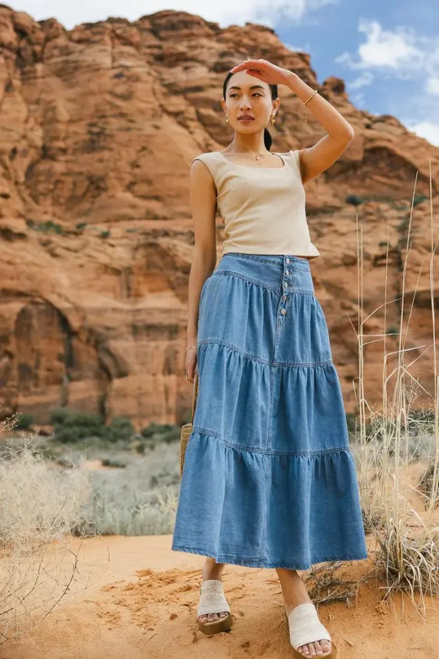 Bohme Skirts Joannie Tiered Denim Skirt Medium Wash 8211 Women Bohme Skirts Joannie Tiered Denim Skirt Medium Wash 8211 Women
