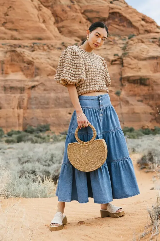 Bohme Skirts Joannie Tiered Denim Skirt Medium Wash 8211 Women Bohme Skirts Joannie Tiered Denim Skirt Medium Wash 8211 Women