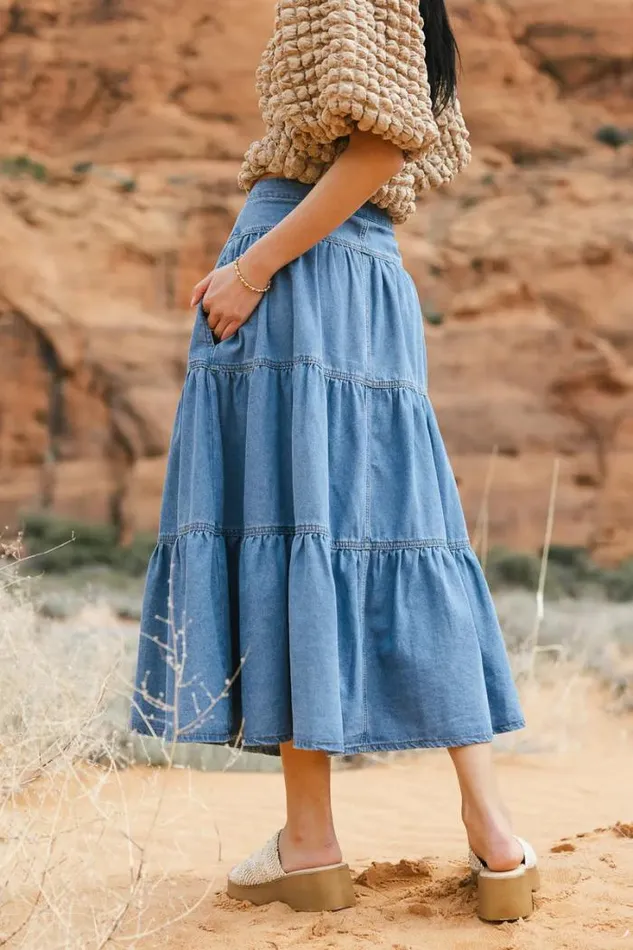 Bohme Skirts Joannie Tiered Denim Skirt Medium Wash 8211 Women Bohme Skirts Joannie Tiered Denim Skirt Medium Wash 8211 Women