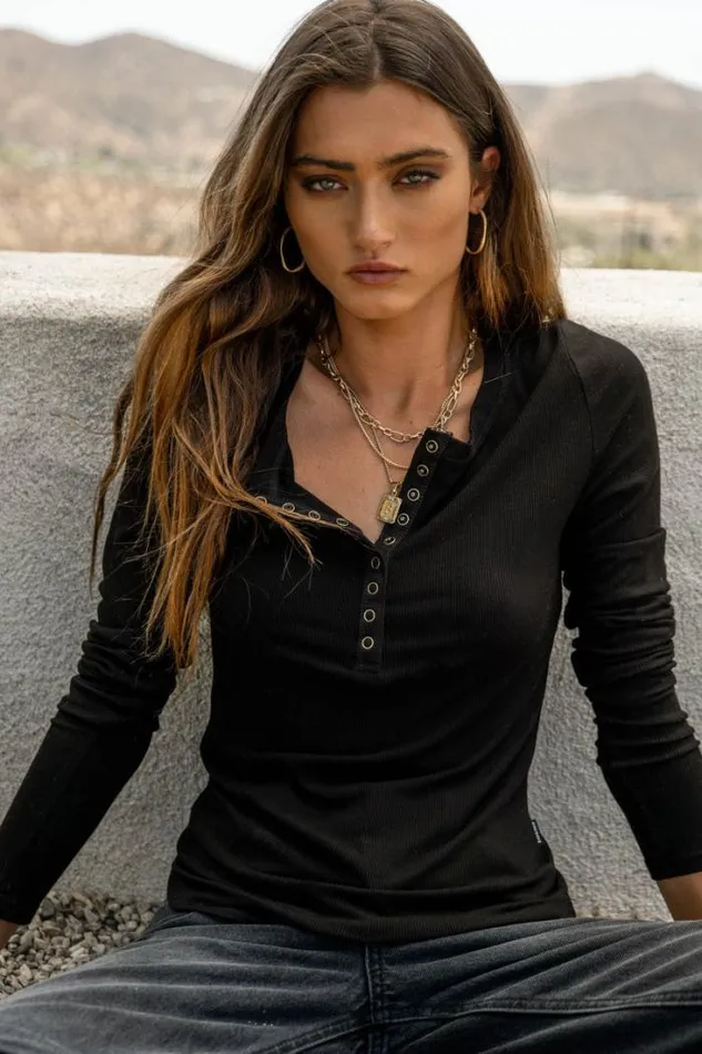Bohme Tees and Tanks Ivanna Henley Top In Black Black 8211 Women Bohme Tees and Tanks Ivanna Henley Top In Black Black 8211 Women