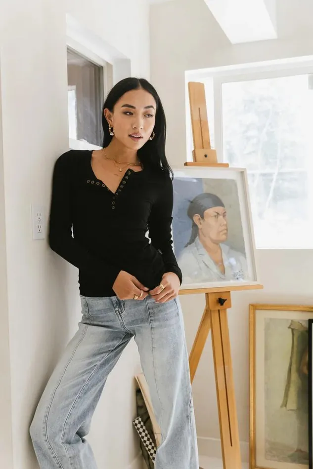 Bohme Tees and Tanks Ivanna Henley Top In Black Black 8211 Women Bohme Tees and Tanks Ivanna Henley Top In Black Black 8211 Women
