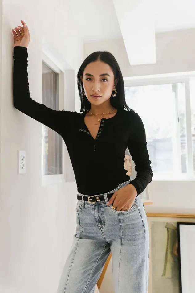 Bohme Tees and Tanks Ivanna Henley Top In Black Black 8211 Women Bohme Tees and Tanks Ivanna Henley Top In Black Black 8211 Women