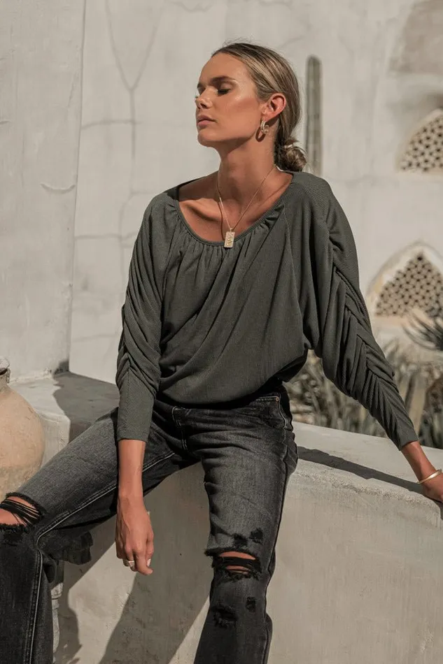 Bohme Tees and Tanks Trista Ruched Sleeve Top 8211 FINAL SALE Olive 8211 Women Bohme Tees and Tanks Trista Ruched Sleeve Top 8211 FINAL SALE Olive 8211 Women
