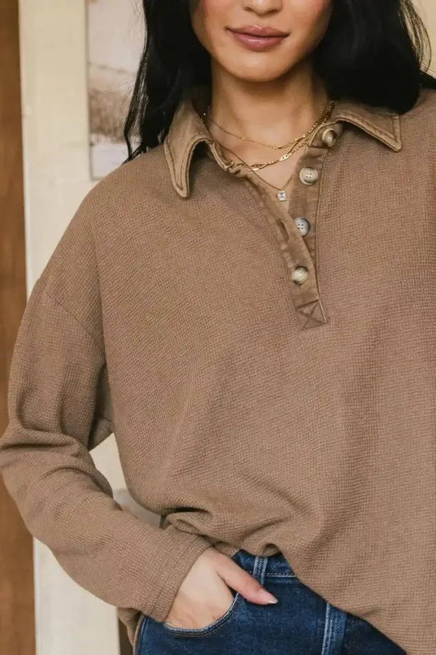 Bohme Tops Isabelle Waffle Knit Henley Top In Mocha Mocha 8211 Women