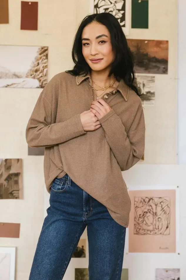 Bohme Tops Isabelle Waffle Knit Henley Top In Mocha Mocha 8211 Women Bohme Tops Isabelle Waffle Knit Henley Top In Mocha Mocha 8211 Women