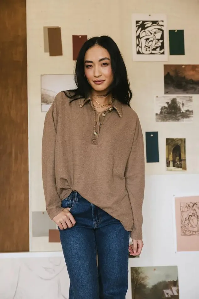 Bohme Tops Isabelle Waffle Knit Henley Top In Mocha Mocha 8211 Women Bohme Tops Isabelle Waffle Knit Henley Top In Mocha Mocha 8211 Women