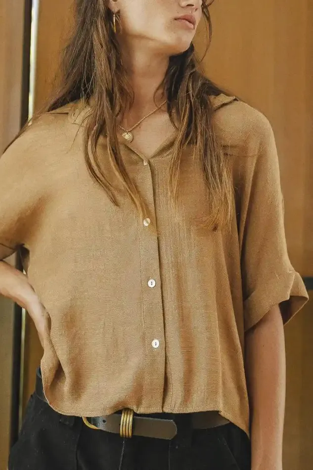 Bohme Tops Nadia Button Up Top In Camel 8211 FINAL SALE Camel 8211 Women Bohme Tops Nadia Button Up Top In Camel 8211 FINAL SALE Camel 8211 Women