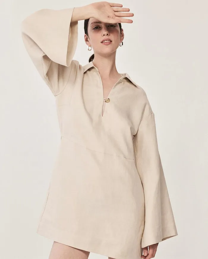 BONDI BORN Dresses Delphi Organic Linen Relaxed Sleeve Dress 8211 Sand 8211 Women