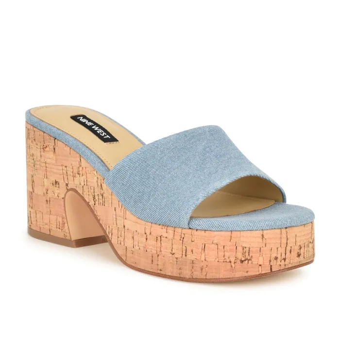 Boone Platform Slide Sandals Denim Women Nine West Casual Boone Platform Slide Sandals Denim Women Nine West Casual