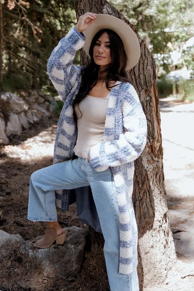 Breckenridge Sherpa Long Cardigan Blue Plaid Women Baltic Born Outerwear