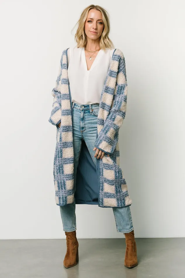 Breckenridge Sherpa Long Cardigan Blue Plaid Women Baltic Born Outerwear Breckenridge Sherpa Long Cardigan Blue Plaid Women Baltic Born Outerwear