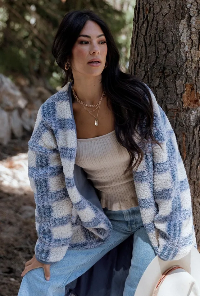 Breckenridge Sherpa Long Cardigan Blue Plaid Women Baltic Born Outerwear Breckenridge Sherpa Long Cardigan Blue Plaid Women Baltic Born Outerwear