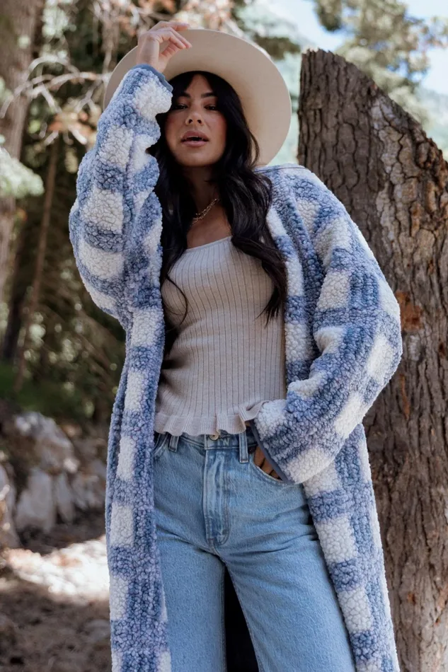 Breckenridge Sherpa Long Cardigan Blue Plaid Women Baltic Born Outerwear Breckenridge Sherpa Long Cardigan Blue Plaid Women Baltic Born Outerwear