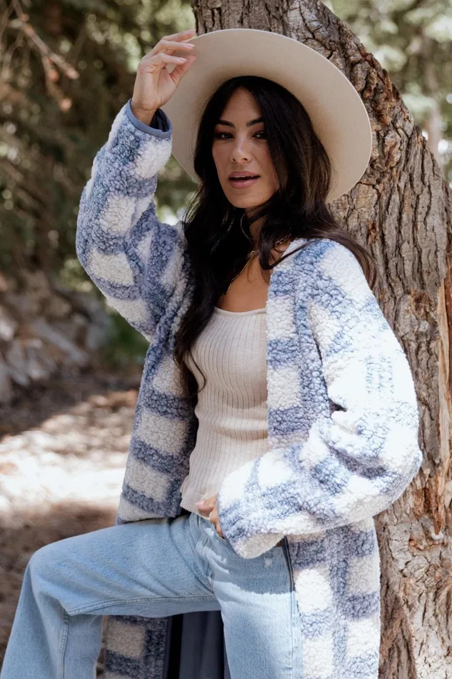 Breckenridge Sherpa Long Cardigan Blue Plaid Women Baltic Born Outerwear Breckenridge Sherpa Long Cardigan Blue Plaid Women Baltic Born Outerwear