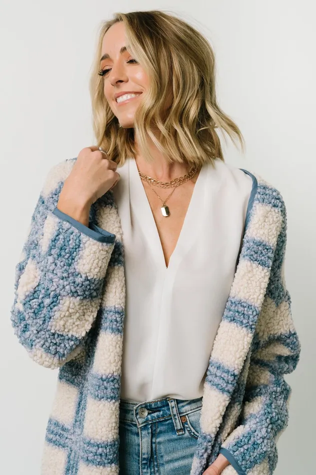 Breckenridge Sherpa Long Cardigan Blue Plaid Women Baltic Born Outerwear Breckenridge Sherpa Long Cardigan Blue Plaid Women Baltic Born Outerwear