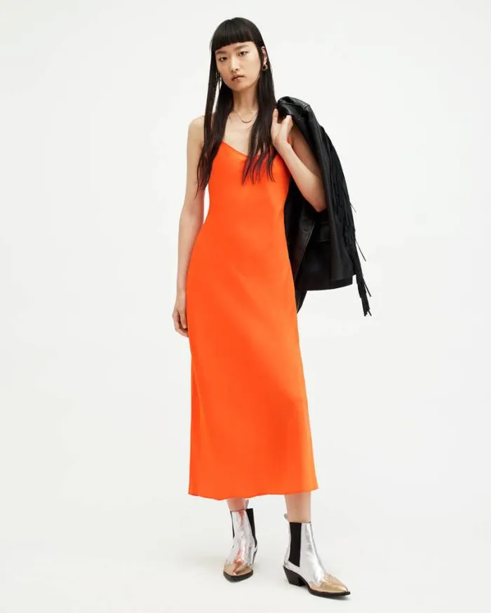 Bryony Slim Fit VNeck Midi Slip Dress Zesty Orange Women AllSaints Dresses