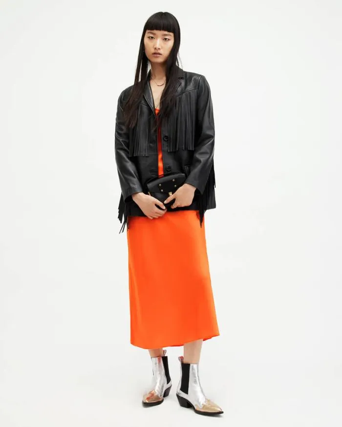 Bryony Slim Fit VNeck Midi Slip Dress Zesty Orange Women AllSaints Dresses