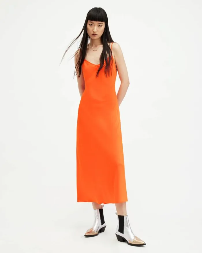 Bryony Slim Fit VNeck Midi Slip Dress Zesty Orange Women AllSaints Dresses
